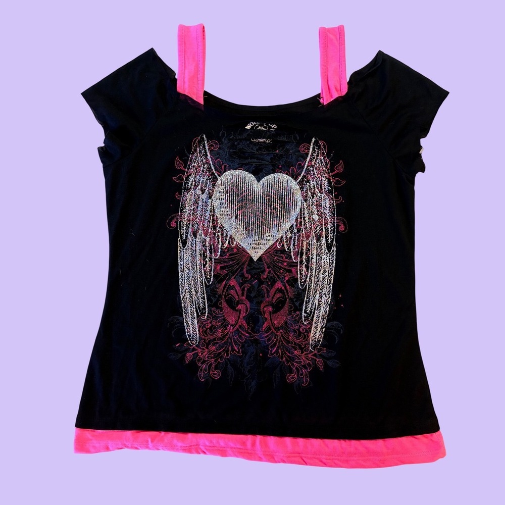 Y2K Wound Up Heart Angel Wings Graphic Top Short Sleeve Scene Grunge #18